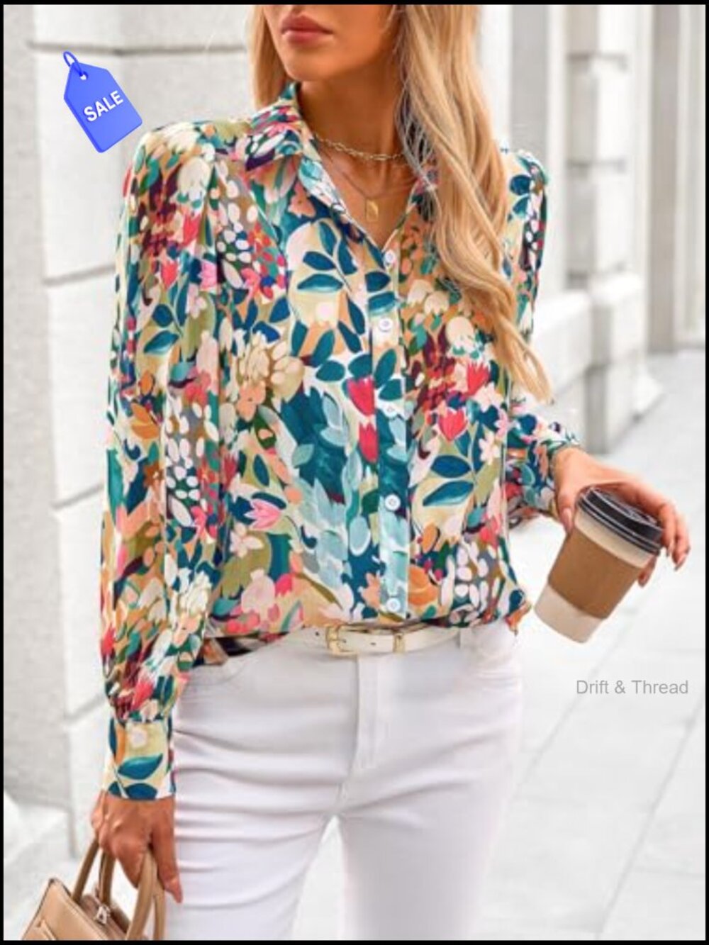 Floral Blouse V-Neck Button Down Lantern Long Sleeve Chiffon Top Boho Shirt - Picture 6 of 7